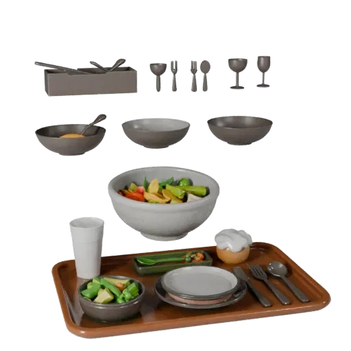 Banquet Salad Bowl Set 3D model, three-quarter front view, Unity viewport, showing ceramic, arranged serving layout.