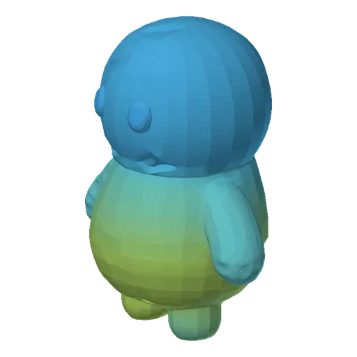 A 3D render of a minimalist, cute mascot character with a spherical head and pill-shaped body, arms, and legs, featuring a gl