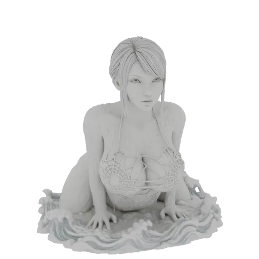 Modelo 3D de una sirena serena con cabello suelto, vistiendo un top de bikini tipo red, descansando en olas estilizadas del o