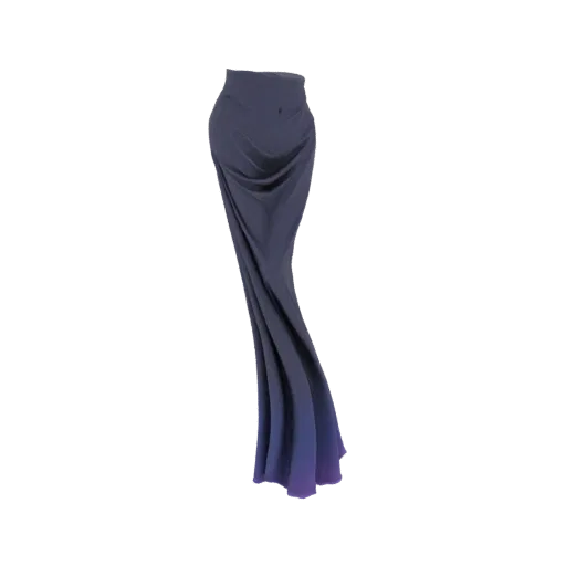 3D model of a floor-length, draped silk maxi skirt with a gradient from navy to purple.