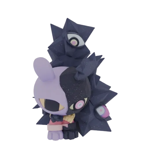 3D model of a cosmic creature with a split personality: one side pastel purple with large eyes, the other starry black.