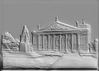 3D model of a bas-relief with a monument and building in classical style, front view
