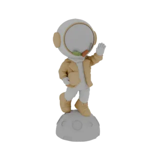 Render 3D de un lindo personaje de astronauta chibi con casco y chaqueta, saludando con una mano mientras está de pie en una
