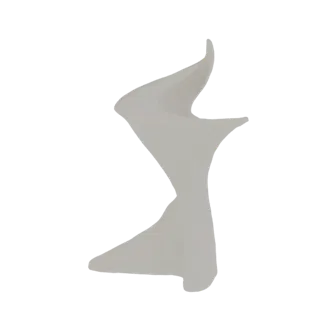 Renderização 3D de uma escultura abstrata minimalista com linhas curvas e fluidas em acabamento fosco cinza claro, isolada em