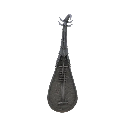 3D model of a dark, dragon-themed lute with scaly textures and a dragon head at the top.