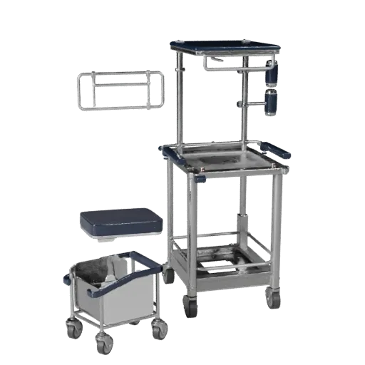 Clinic Medical Cart Stylized 3D model, stylized isometric render, showing painted metal, clinical silhouette.