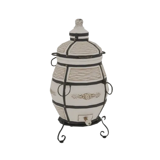 3D model of a traditional ceramic tandoor oven with black metal banding and ornate legs, set against a white background.