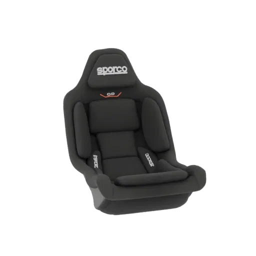 Uma renderização 3D de um assento de corrida Sparco preto com o logo Sparco no encosto de cabeça, apresentado contra um fundo