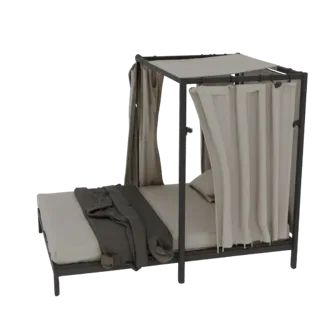 3D model of Hut lounger bed with grey frame, beige mattress, grey throw, and beige curtains under a canopy.
