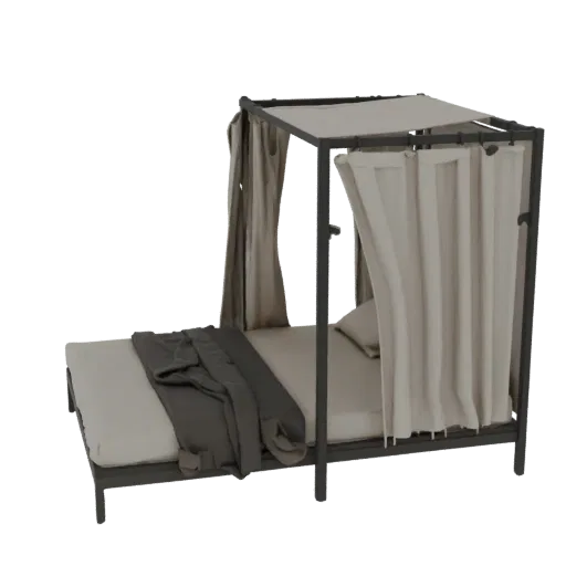 3D model of Hut lounger bed with grey frame, beige mattress, grey throw, and beige curtains under a canopy.