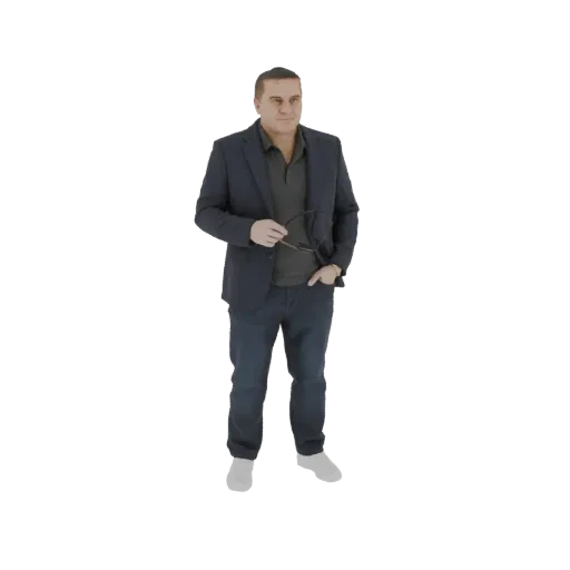 3D model of a man in a dark suit and grey shirt, holding his glasses, with one hand in his pocket.