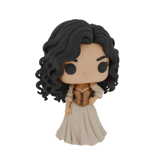 Modelo 3D de mulher de fantasia com vestido fluido, estilo figura Funko Pop, com cabelo cacheado escuro e traje rústico.