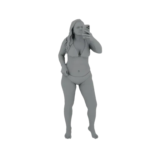 3D-Modell einer Frau im Bikini, die ein Smartphone hält und ein Selfie macht, von vorne betrachtet.
