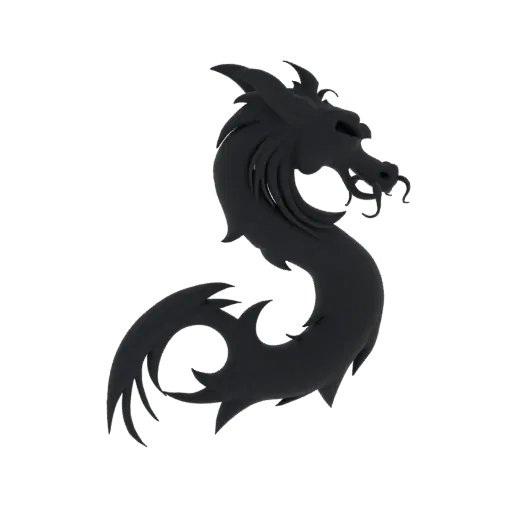 Modello 3D di un emblema stilizzato di drago nero in posa serpentina, renderizzato con finitura nero opaco.