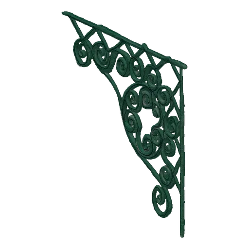 3D model of a dark green, ornate shelf bracket with intricate scrollwork and Victorian-inspired detailing.