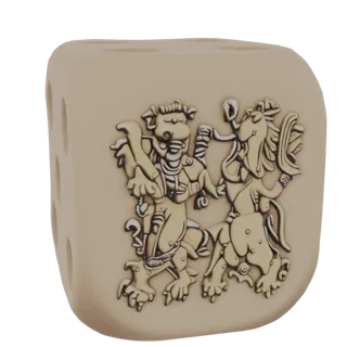 Modèle 3D de dé aux bords arrondis, orné d'un relief de trois lions et de creux pour les valeurs de 1 à 5.