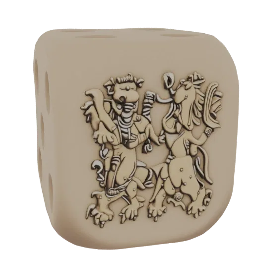 3D model of a dice with rounded edges, decorated with a relief of three lions and indentations for values 1 to 5.