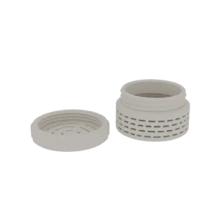 3D model of a threaded aerator cap and housing, showing the perforated cylindrical housing and the grooved cap separately.