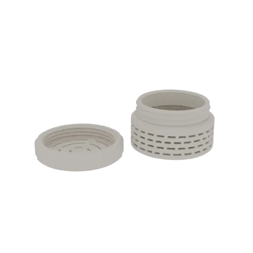 3D model of a threaded aerator cap and housing, showing the perforated cylindrical housing and the grooved cap separately.