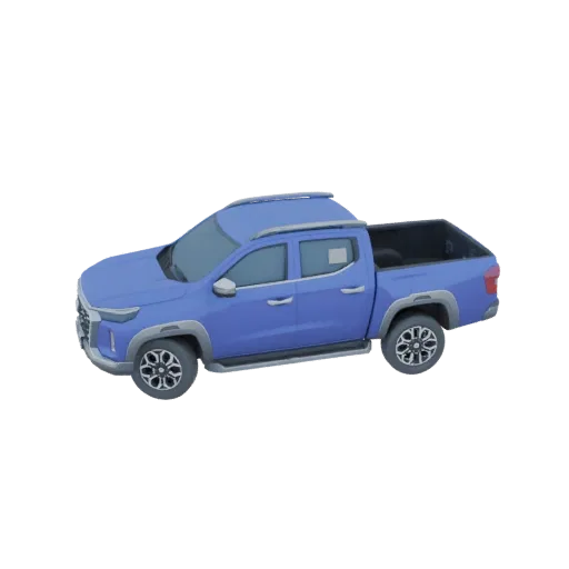 A 3D model of a blue pickup truck shown from a side-angle perspective against a white background.