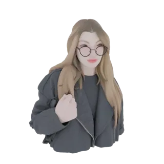 Modelo 3D de uma jovem com cabelo loiro, usando óculos redondos e jaqueta de couro escura, olhando para frente.