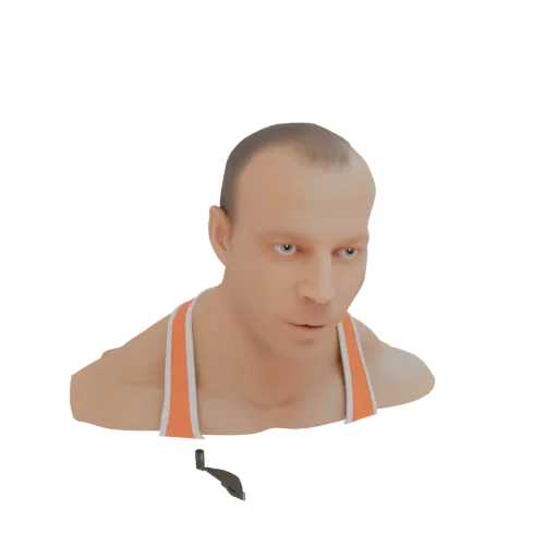 3D model render of a muscular man's bust wearing a tank top with orange trim, against a white background.
