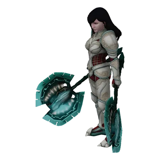 3D model of a female warrior in white and red armor, holding two glowing blue axes, with long dark hair.