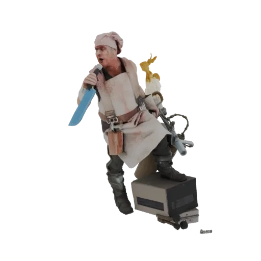 3D model of a post-apocalyptic chef character holding a blue knife and a flamethrower with fire, standing on a tech base.