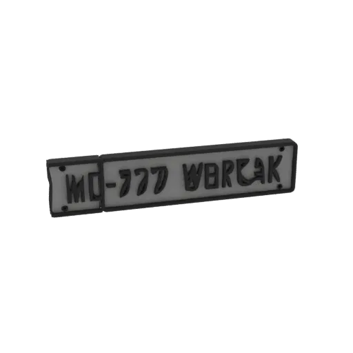 3D model of a custom license plate with 'MD-777 WOREAK' text, featuring raised lettering and a smaller attached plate.