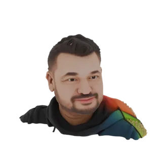 3D model render of a stylized man's bust with dark hair and a beard, featuring a vibrant, abstract multi-colored pattern on h