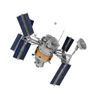 Modèle 3D Sonde spatiale de navigation, vue trois-quarts avant, viewport Unity, montrant panneaux solaires, silhouette vaisse