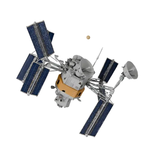 Navigation Space Probe 3D-Modell, Dreiviertel-Frontansicht, Unity-Viewport, zeigt Solarpanels, Raumfahrzeug-Silhouette.
