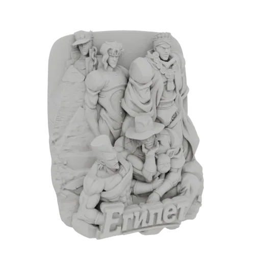 3D model of a JoJo's Bizarre Adventure group diorama featuring multiple characters in dynamic poses on a base with 'Ernner' e
