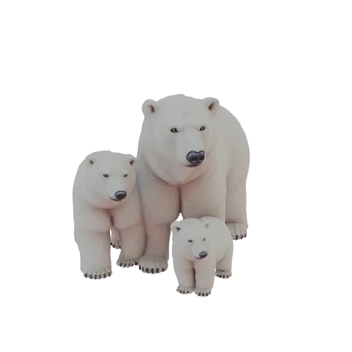 Ein 3D-Modell einer Eisbärenfamilie, mit einem großen erwachsenen Bären, der schützend über zwei kleineren Jungtieren steht,