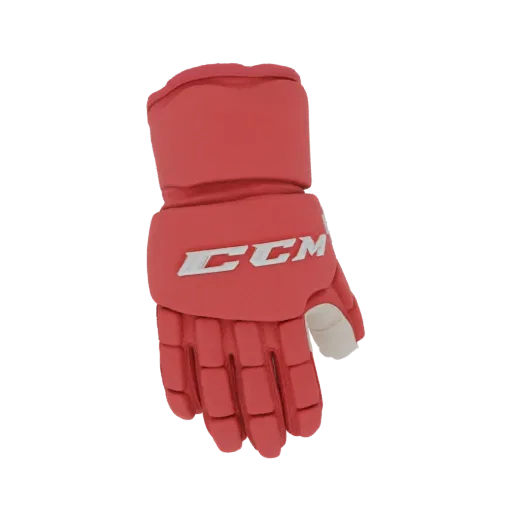 A 3D model of a red CCM hockey glove with the white CCM logo visible on the backhand.