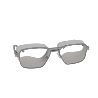 3D model of modern rectangular safety glasses with silver frames and light gray tinted lenses, featuring side shields.