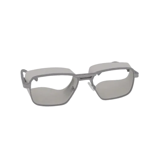 3D model of modern rectangular safety glasses with silver frames and light gray tinted lenses, featuring side shields.