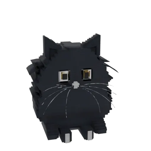 A chunky black cat 3D model rendered in a voxel art style, with square golden eyes and white whiskers, against a white backgr