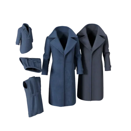 Coat Product Viz 3D model, three-quarter studio product render, showing cloth weave, wearable drape.
