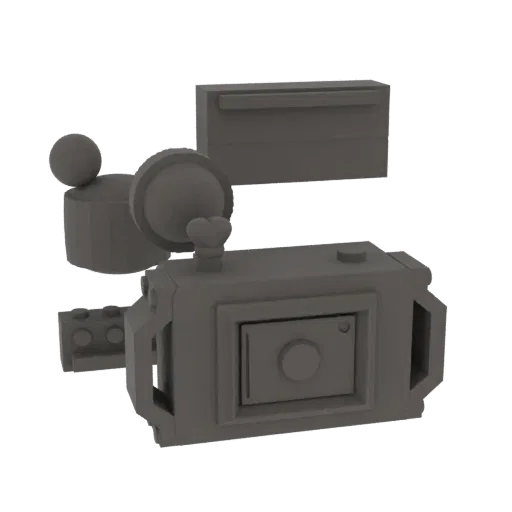 Modello 3D di una videocamera retrò con obiettivo grande e mirino, renderizzato in tono grigio neutro.