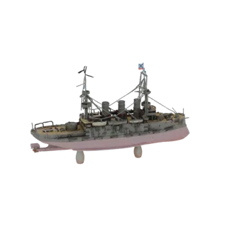 3D model of a pre-dreadnought battleship with grey hull, pink underwater section, multiple gun turrets, and flags.