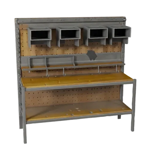 Maker Pegboard Wall Realistic 3D model, three-quarter studio render, showing steel frames, stable fixtures.
