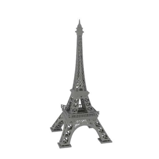 A detailed 3D model of the Eiffel Tower, rendered in gray, against a white background.