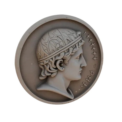3D model of an ancient Roman seal with an emperor's profile, adorned with stars and inscriptions.