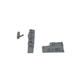 3D model of a modern industrial building complex with multiple gray structures against a white background.