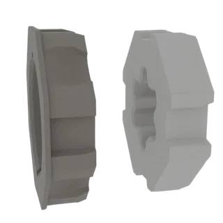 Una renderización 3D de un engranaje hexagonal y su soporte de montaje a juego, mostrados uno al lado del otro sobre un fondo
