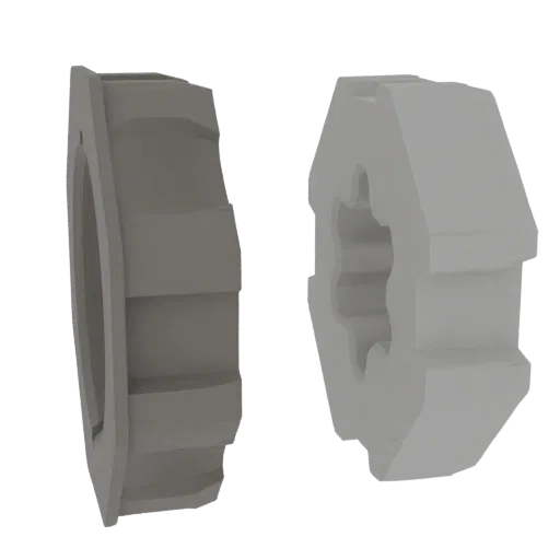 Un rendu 3D d'un engrenage hexagonal et de son support de montage assorti, présentés côte à côte sur un fond blanc.