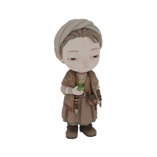 A 3D render of a stylized alchemist figurine with a grey turban, patterned shawl, brown tunic, and a green potion bottle in h