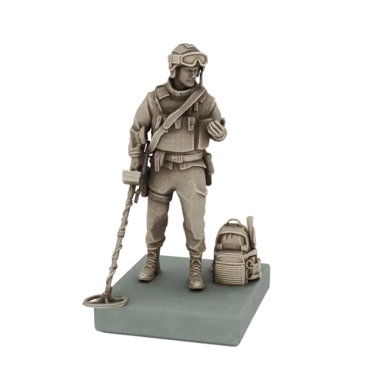 3D model of a modern soldier holding a metal detector, with a backpack to the side, standing on a base.