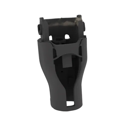 A 3D render of a dark gray tactical holster, viewed from a slightly elevated angle against a black background.